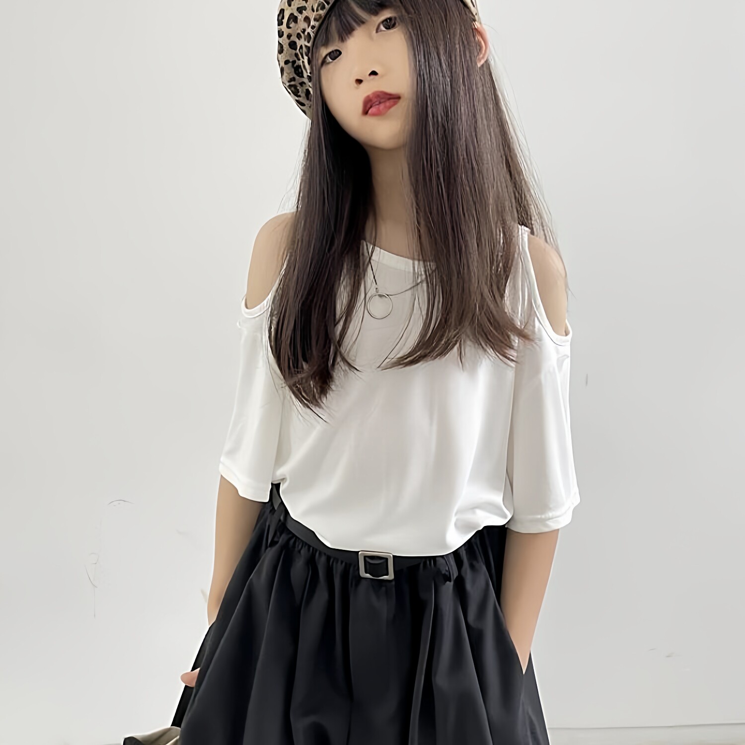 豆丁奇遇儿童黑色铜氨丝露肩女童白色短袖小众上衣t恤大童亲子装
