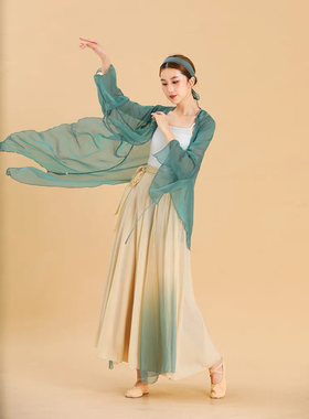 古典舞青蛇舞蹈服装系带青绿色交领飘逸中国风汉服纱衣艺考表演服