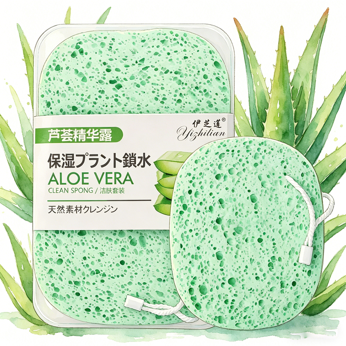 伊芝莲芦荟带绳洗脸扑深层清洁