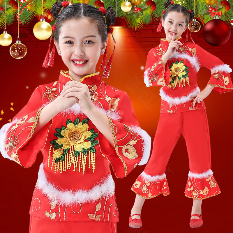 喜庆演出元旦春节中国红打鼓服