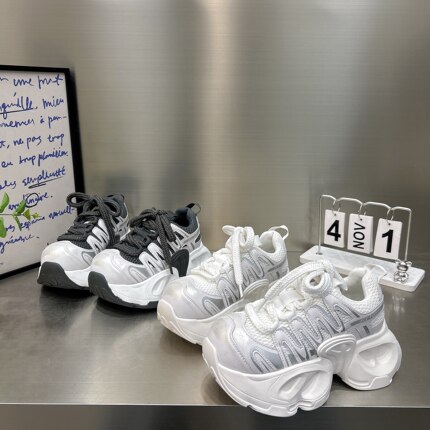 欧货2026春新款7cm厚底老爹鞋女网面透气轻便圆头百搭显瘦休闲鞋