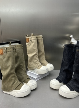 ins超火贝壳头假两件脏脏鞋辣妹马丁靴机车高筒靴厚底松糕牛仔女