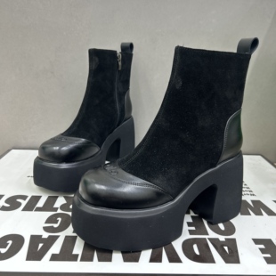 磨砂皮真皮超高跟9cm粗跟新款厚底增高马丁靴女鞋ins潮鞋瘦瘦短靴