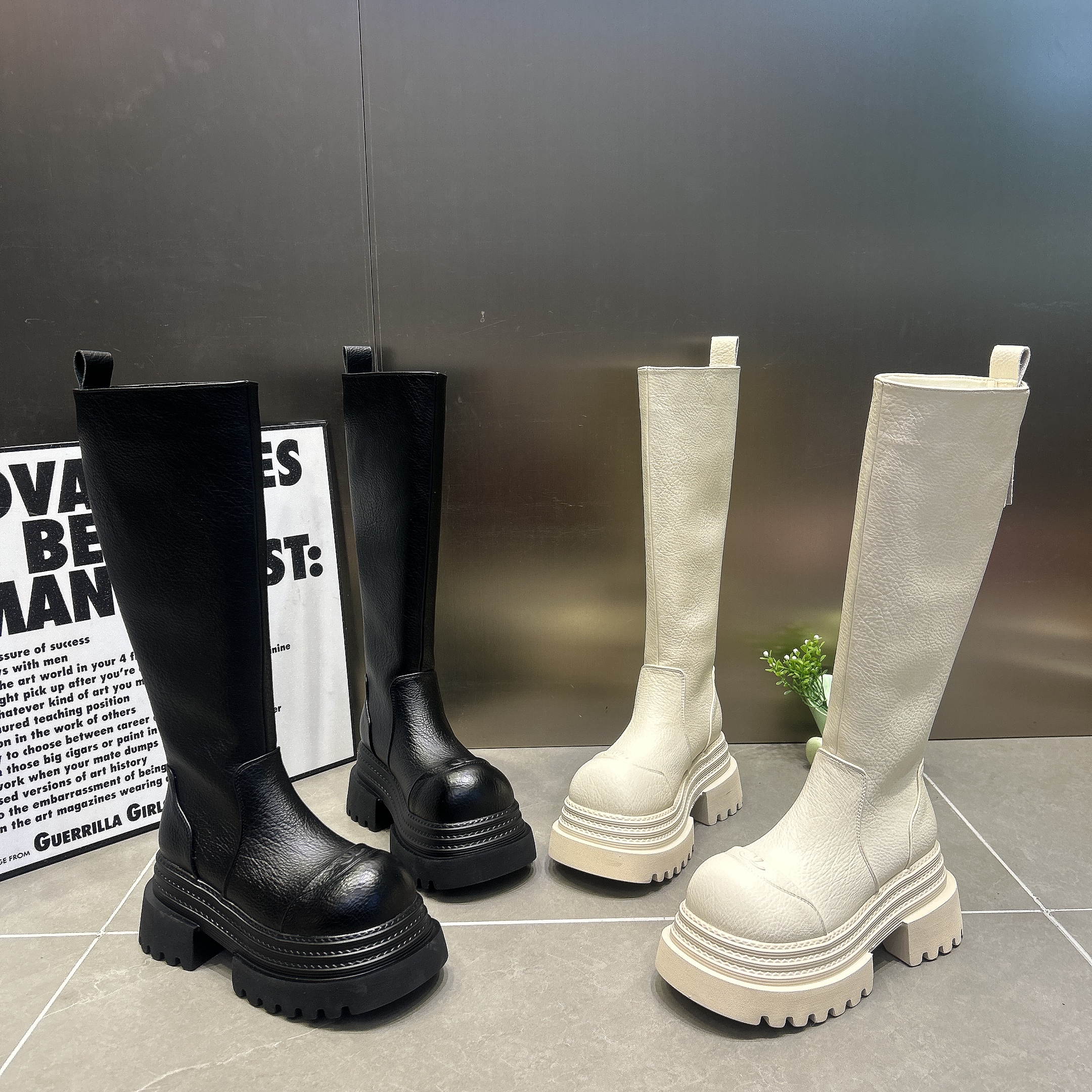 马丁靴厚底松糕超高跟小个子7cm不过膝靴机车长筒靴红色走秀女鞋