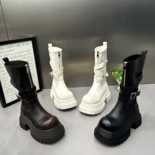 8CM厚底前拉链中筒骑士靴女翻折两穿小个子增高瘦瘦靴子皮带扣