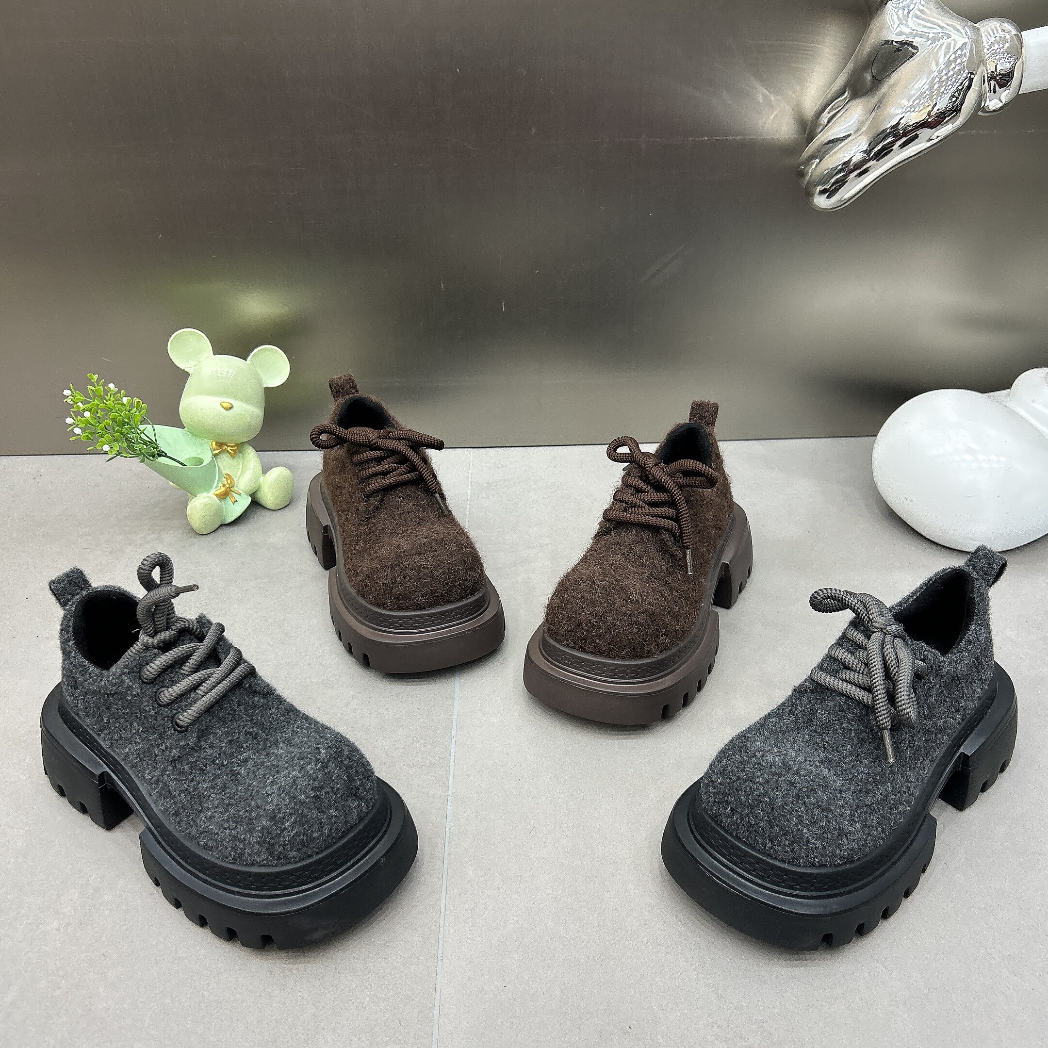 2025新款秋冬加绒大头毛呢面圆头休闲勃肯系带女低帮乐福厚底超轻