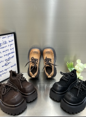 欧货爆款7cm厚底大头做旧增高及踝低帮鞋2025新款增高乐福鞋单鞋