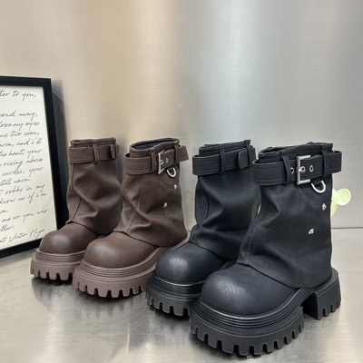 欧货厚底黑色裤管靴子女2025新款高级感炸街皮带马丁短靴西部牛仔