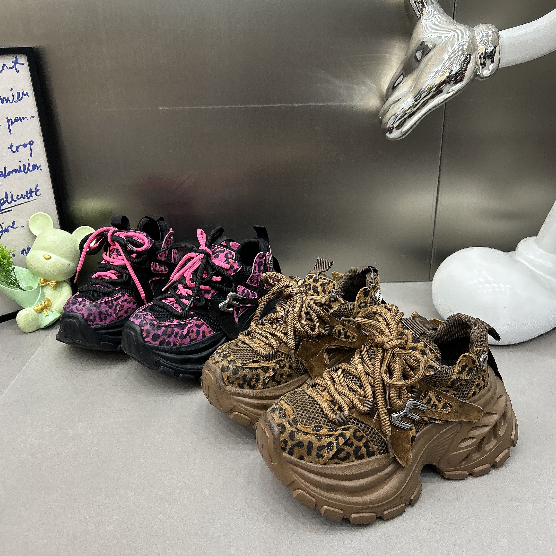 四季款磨砂真皮豹纹厚底老爹鞋女2025新款百搭小个增高休闲运动鞋