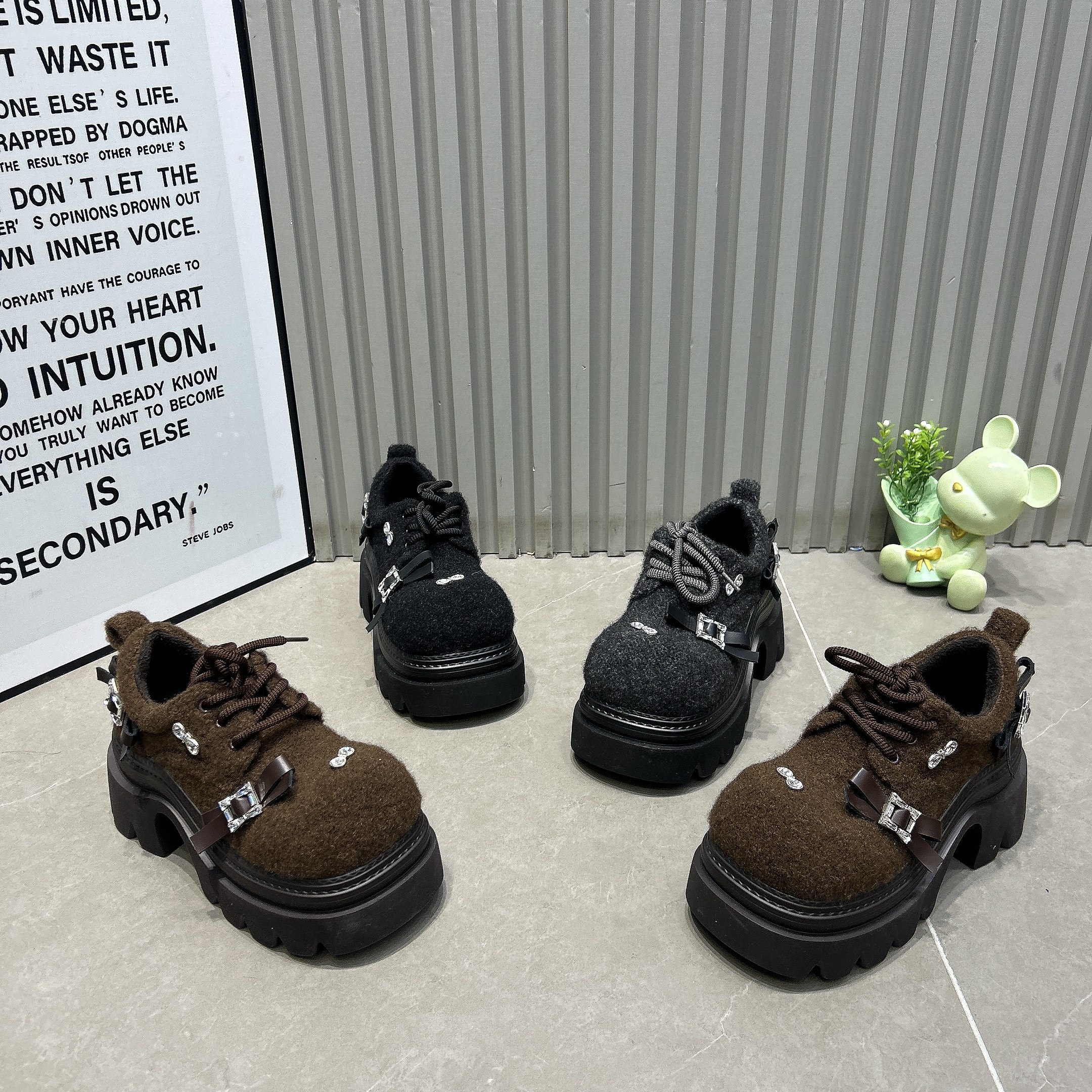 欧货毛呢毛毛鞋大钻粒JK小皮鞋乐福鞋厚底松糕小个子7cm灰色女鞋,女鞋,松糕（摇摇）鞋,淘宝优惠券,粉丝福利购,淘宝优惠卷