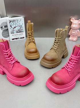 欧货潮鞋系带英伦风厚底马丁靴圆头平底韩版枚粉色短靴户外工装靴
