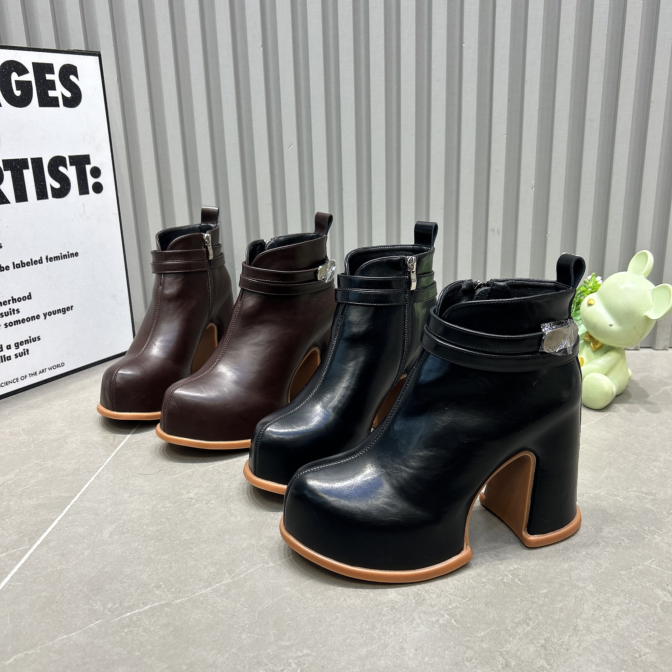 防滑粗跟11cm防水台法式小裸靴秋冬加绒新款配裙子短靴超高跟女靴