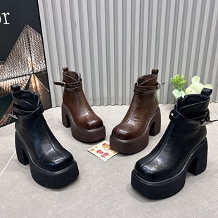 显瘦方头厚底粗跟短靴 2025秋新款 真皮爆款 马丁靴女欧货9cm高跟鞋