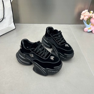 百搭金丝绒厚底松糕增高舒适潮鞋 蝴蝶水钻加绒老爹鞋 女ins潮新款