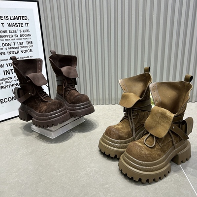 2025新款厚底反毛皮靴马丁靴女鞋皮带扣磨砂皮真皮短靴绑带中筒靴