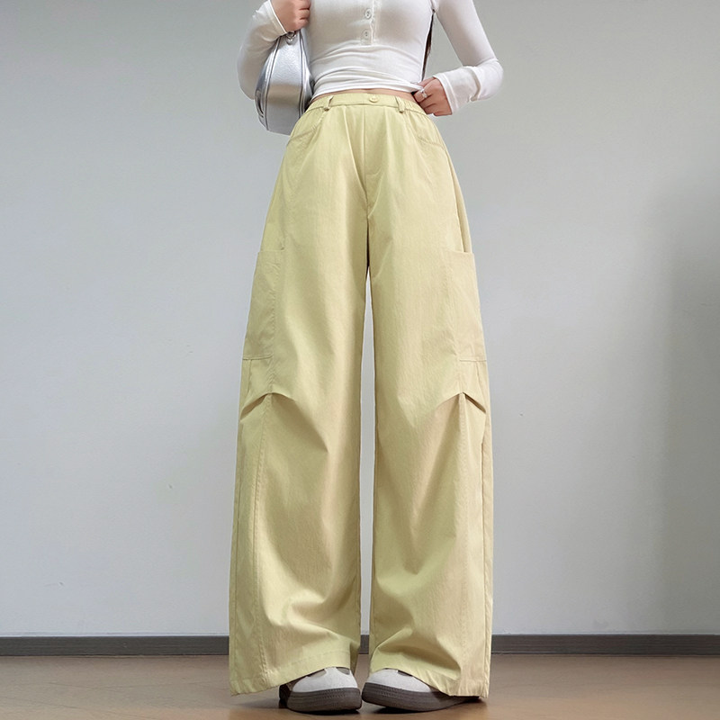 美式复古黄色阔腿休闲裤女2026春夏新款高腰宽松显瘦弯刀工装裤子