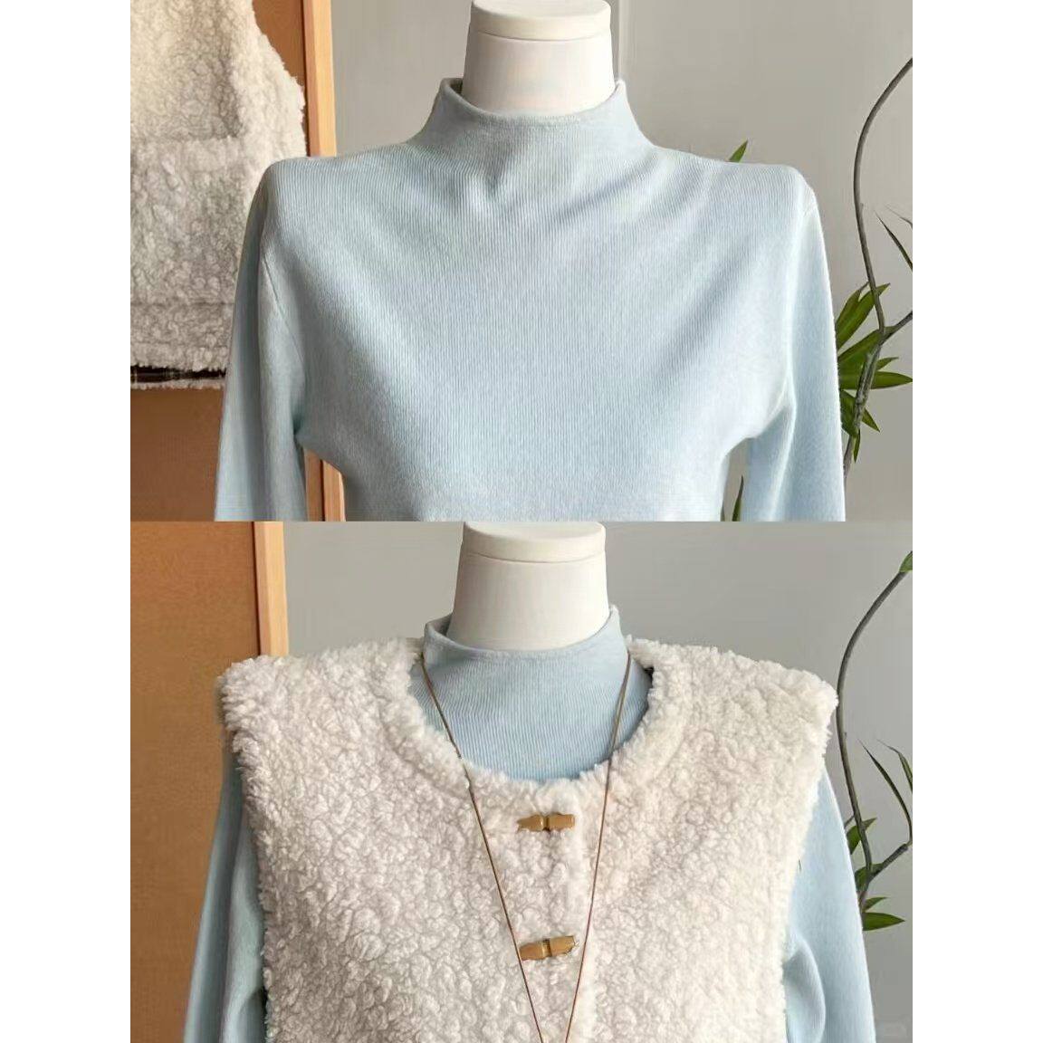 蓝色fufu半高领针织打底正肩针织衫秋冬季修身基础款长袖打底上衣