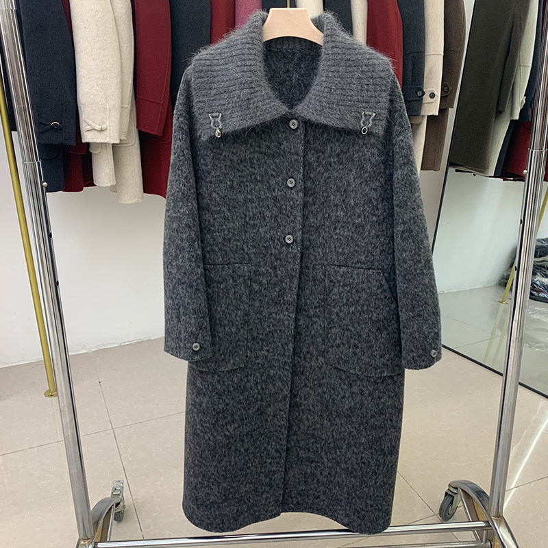 高级针织领双面羊绒大衣女中长款
