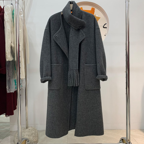 2024秋冬新款双面羊绒大衣女中长款高级感围巾款宽松羊毛呢子外套