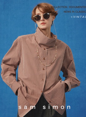 sam simon/高智感多造型调节系带松弛感水洗磨毛条纹立领廓形衬衫