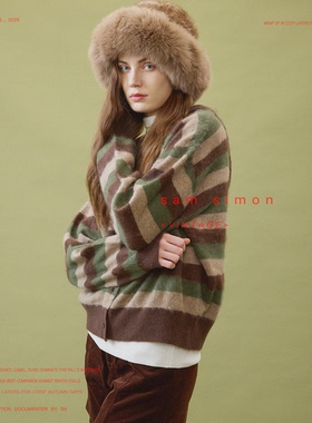 sam simon/复古感条纹云朵触感羊毛羊绒手工拉毛茧型连帽毛衣