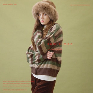 sam 复古感条纹云朵触感羊毛羊绒手工拉毛茧型连帽毛衣 simon