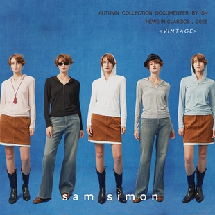 sam simon/clean fit蚕丝混纺半开隐形拉链塑形美式上衣连帽衫女