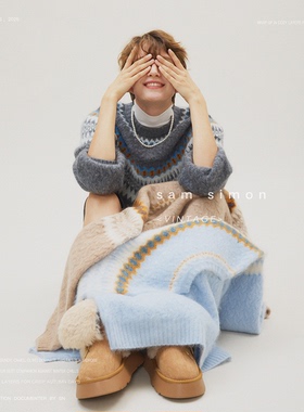 sam simon/复古月光柔感费尔岛提花廓形羊毛拉毛工艺圆领毛衣