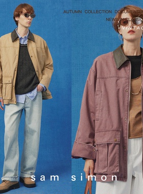 sam simon/vintage巴恩风石磨洗重工猎装中长款多袋外套男女同款