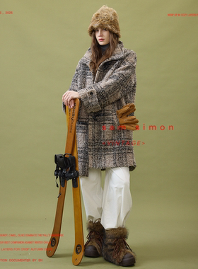 sam simon/‘雾感’卷圈圈尼立领立体格纹柔软羊驼加厚牛角扣大衣