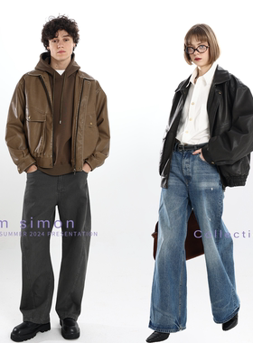 【六折不退换】sam simon/春季vintage中古擦皮做旧皮感外套皮衣