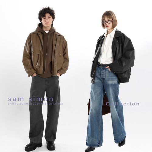 【六折不退换】sam simon/春季vintage中古擦皮做旧皮感外套皮衣