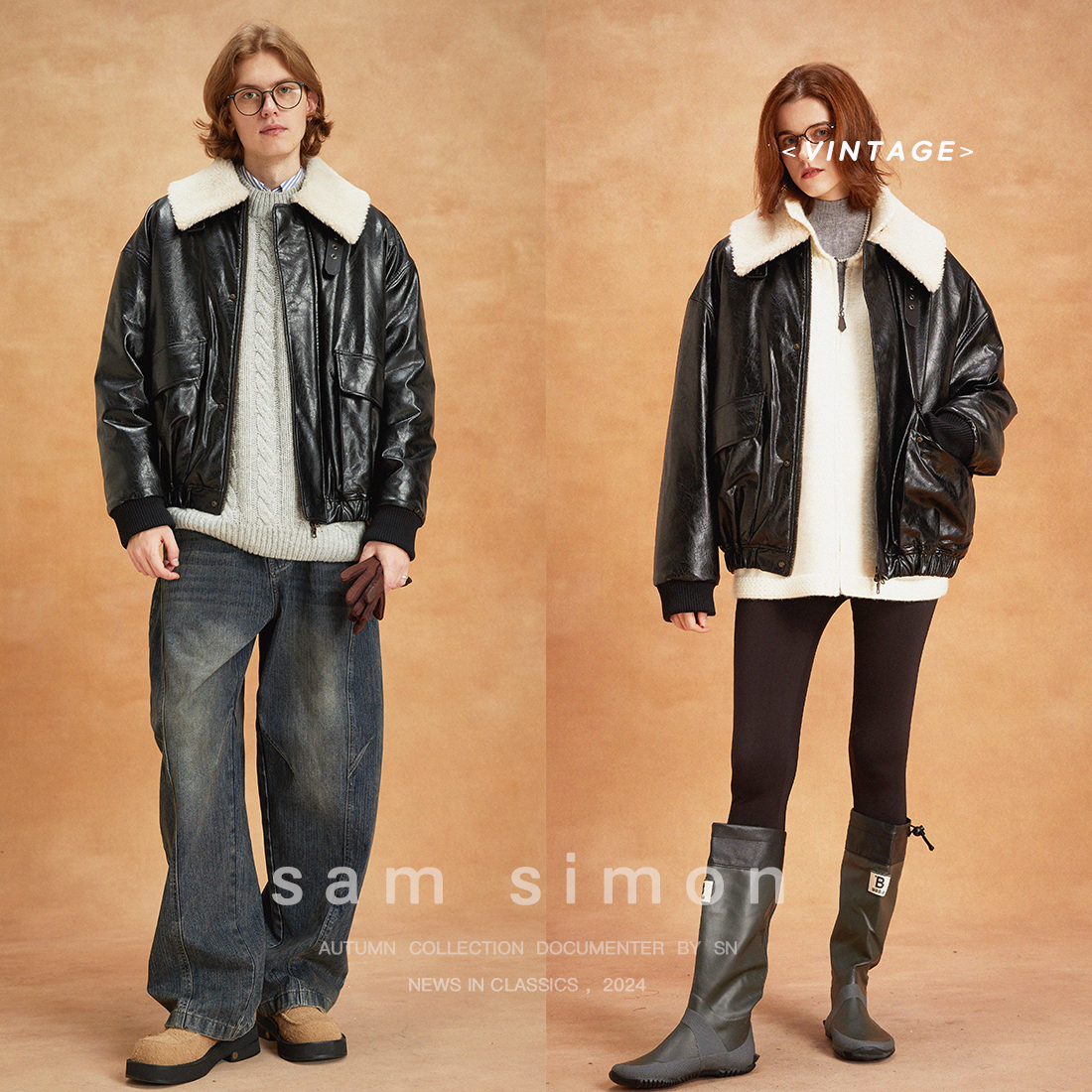 sam simon/Vintage冬季环保蛋白pu皮棉服羊毛领夹克外套男女同款