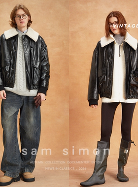 sam simon/Vintage冬季环保蛋白pu皮棉服羊毛领夹克外套男女同款