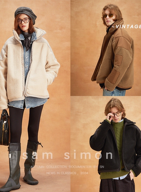 sam simon/24冬季暖绒羊羔毛轻户外加厚廓型立领情侣外套男女同款