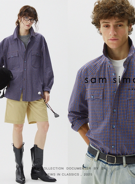 sam simon/25春M1u系色织悠闲分割设计蓝色格纹长袖衬衫男女同款
