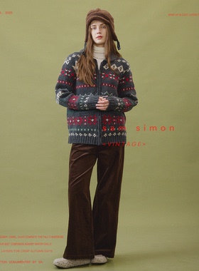 sam simon/雪国北欧复古风费尔岛雪花提花青果领羊毛开衫外套