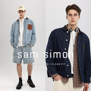 sam simon秋季ins复古拼接牛仔外套2023新品oversize夹克男女同款