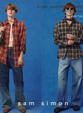 sam simon/vintage喷马骝重工水洗做旧渐变格纹长袖衬衫男女同款