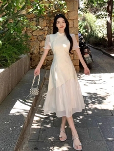 荷叶边旗袍连衣裙夏装短袖气质中长款连衣裙绝美收腰汉元素雪纺女