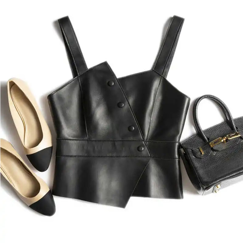 造型时尚有范PU皮马甲单排斜扣不对称收腰显瘦修身小吊带背心春秋