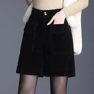 宽松高腰灯芯绒五分裤 子女秋冬季 女外穿 条绒阔腿直筒短裤 2025新款