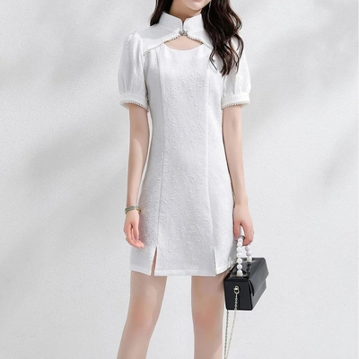 时尚气质连衣裙女2024年夏季新款高腰修身开叉旗袍短袖中长款裙子