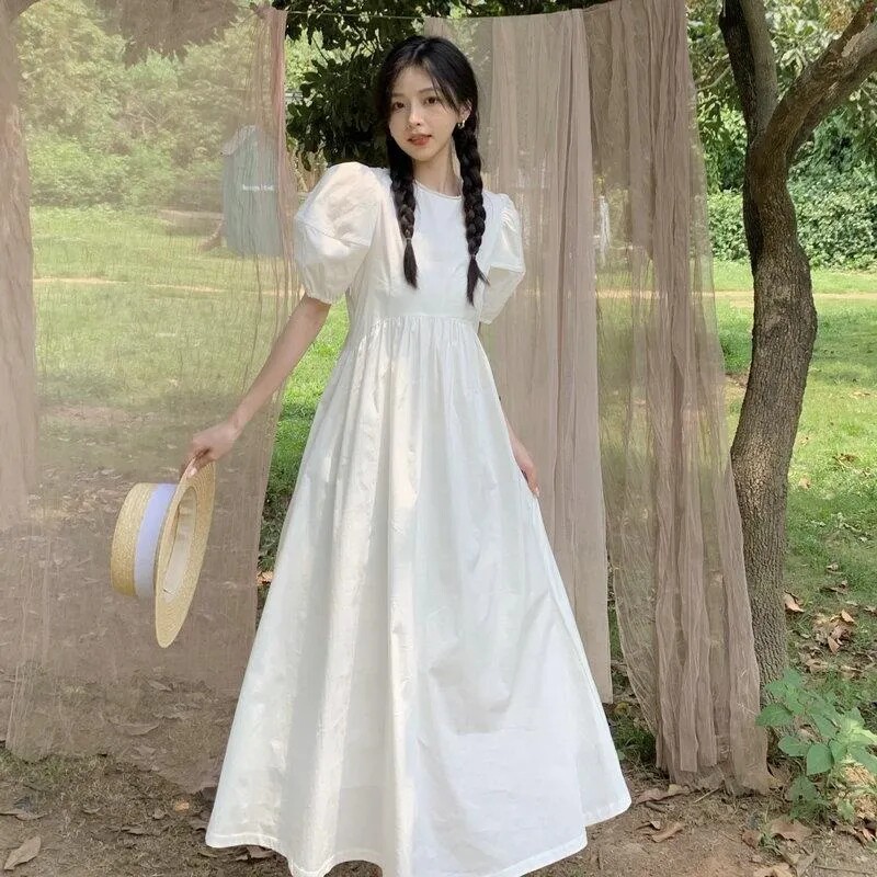 2024夏季新款圆领学生灯笼袖温柔风落地长裙初恋甜美公主连衣裙女