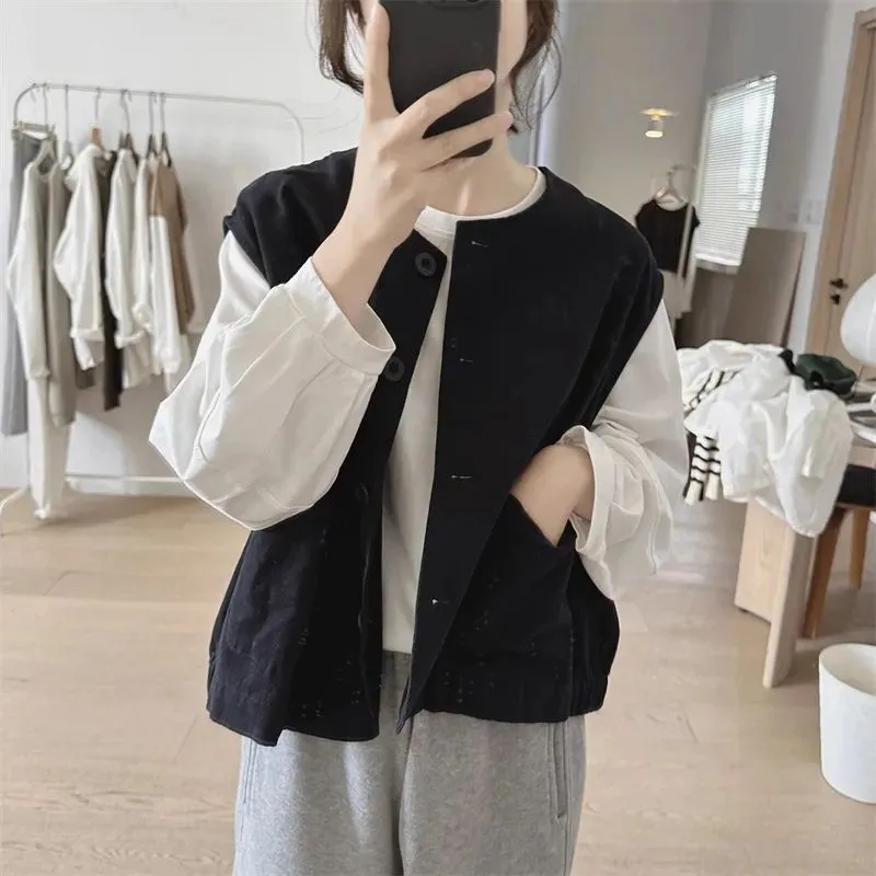 年轻夏季新款圆领马夹外套女士宽松大码显瘦复古工装口袋背心上衣