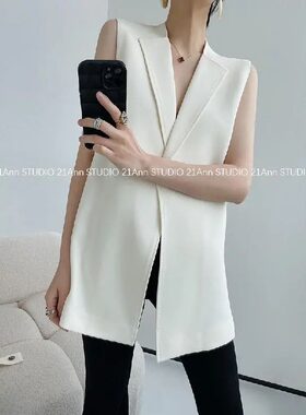 2025春秋季新款白色无袖系带西装上衣女中长款时尚设计感坎肩马夹