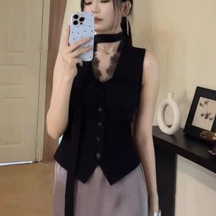 内搭坎肩上衣 蕾丝拼接v领西装 马甲女2025夏季 新款 高级感轻奢西装