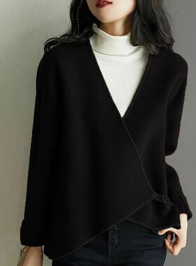 潮流休闲不规则毛呢外套女2024秋新款宽松显瘦围裹式长袖V领上衣