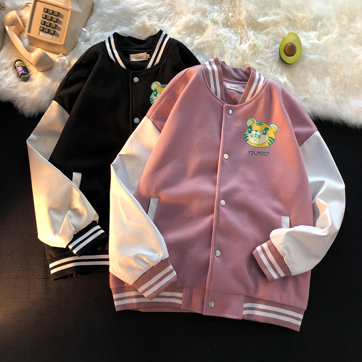 港风潮牌休闲宽松夹克男潮虎年老虎印花棒球服外套男JK7738P75图片