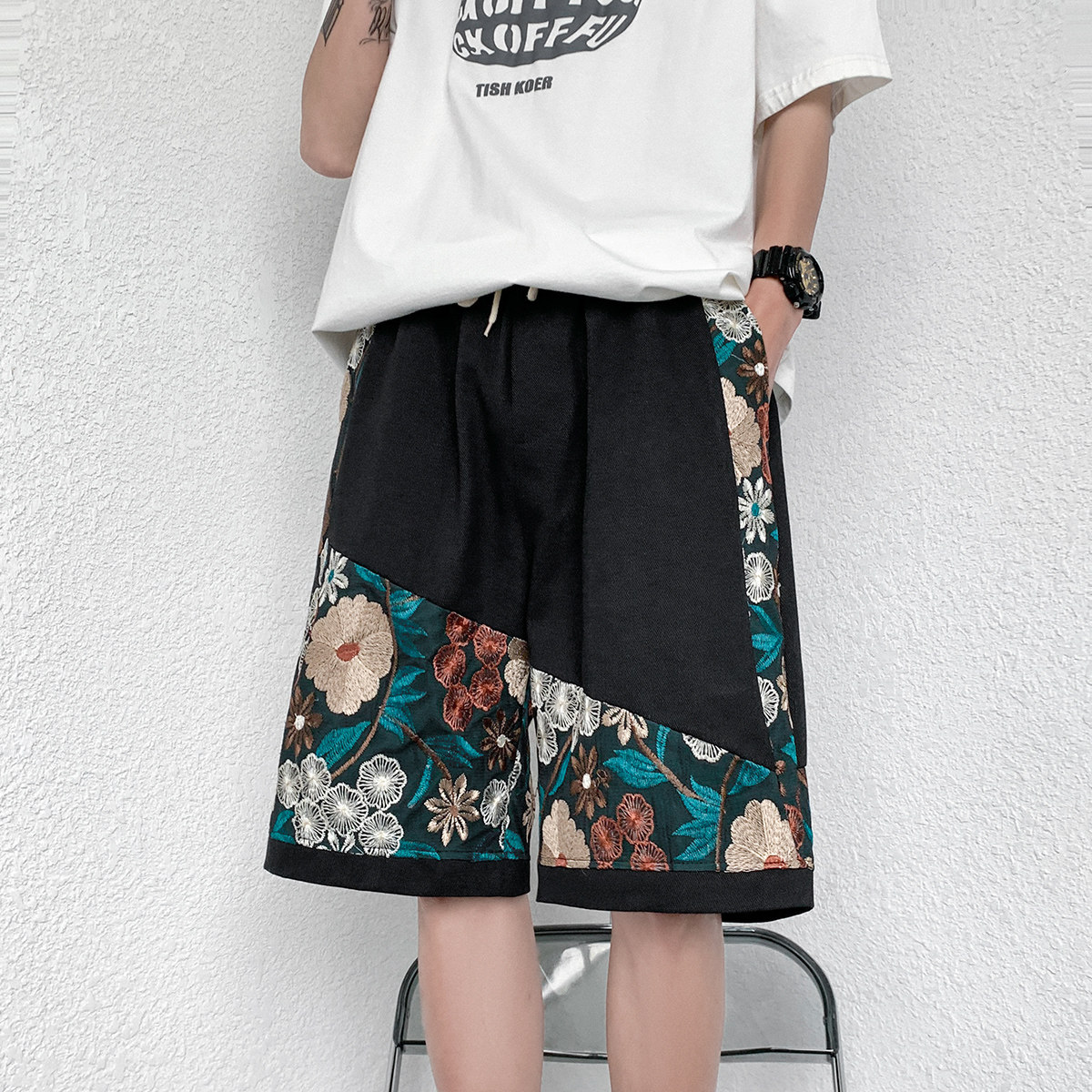 港风大码短裤男日系刺绣民族风潮五分裤男士中裤男DK7791P45，男装休闲裤，星座227-7